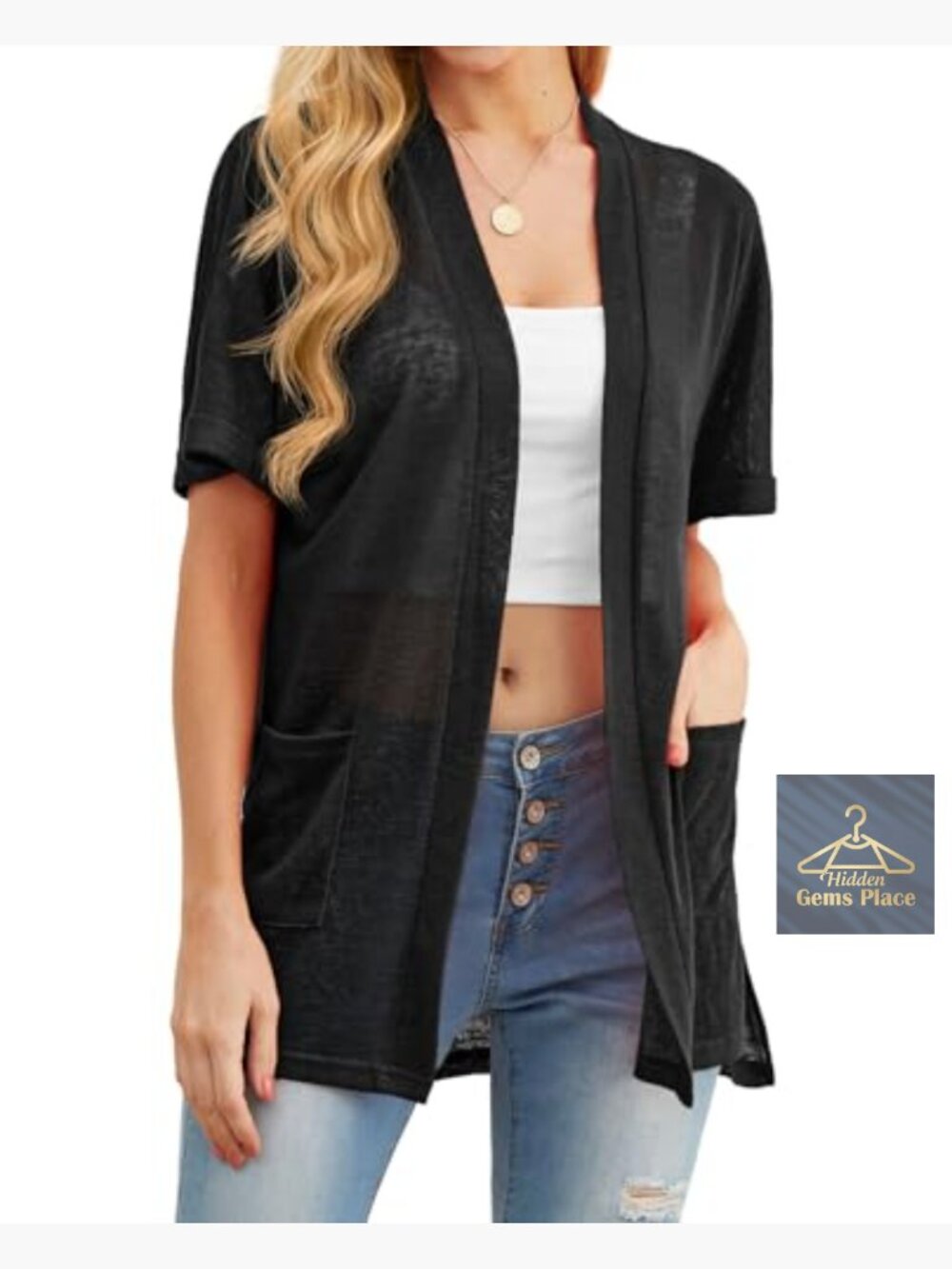 Lightweight Knit Cardigan with Pockets Short Sleeve Sheer Cover Up - Picture 6 of 7
